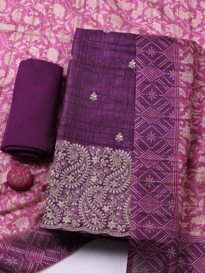 Embroidered Tussar Unstitched Suit With Pant &amp; Dupatta