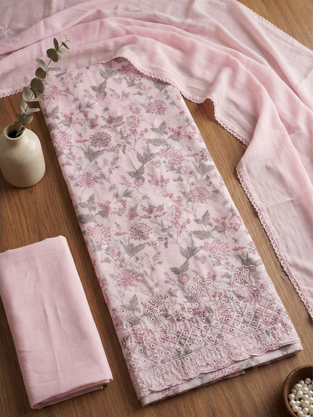 Embroidered Cotton Blend Unstitched Suit With Pant &amp; Dupatta