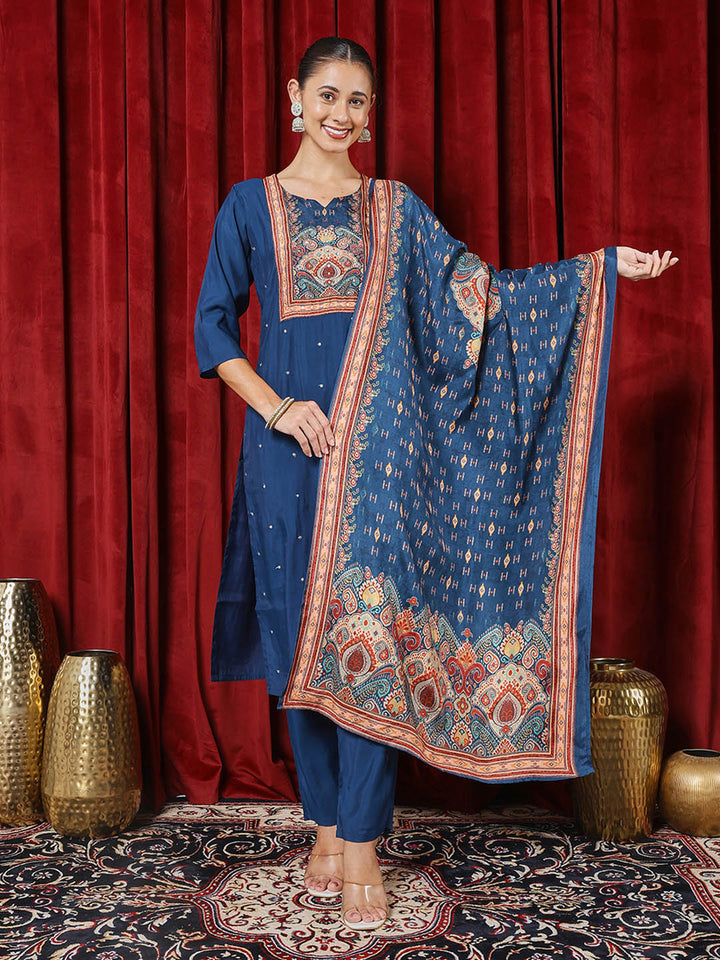 Printed Chanderi Kurta With Pants &amp; Dupatta