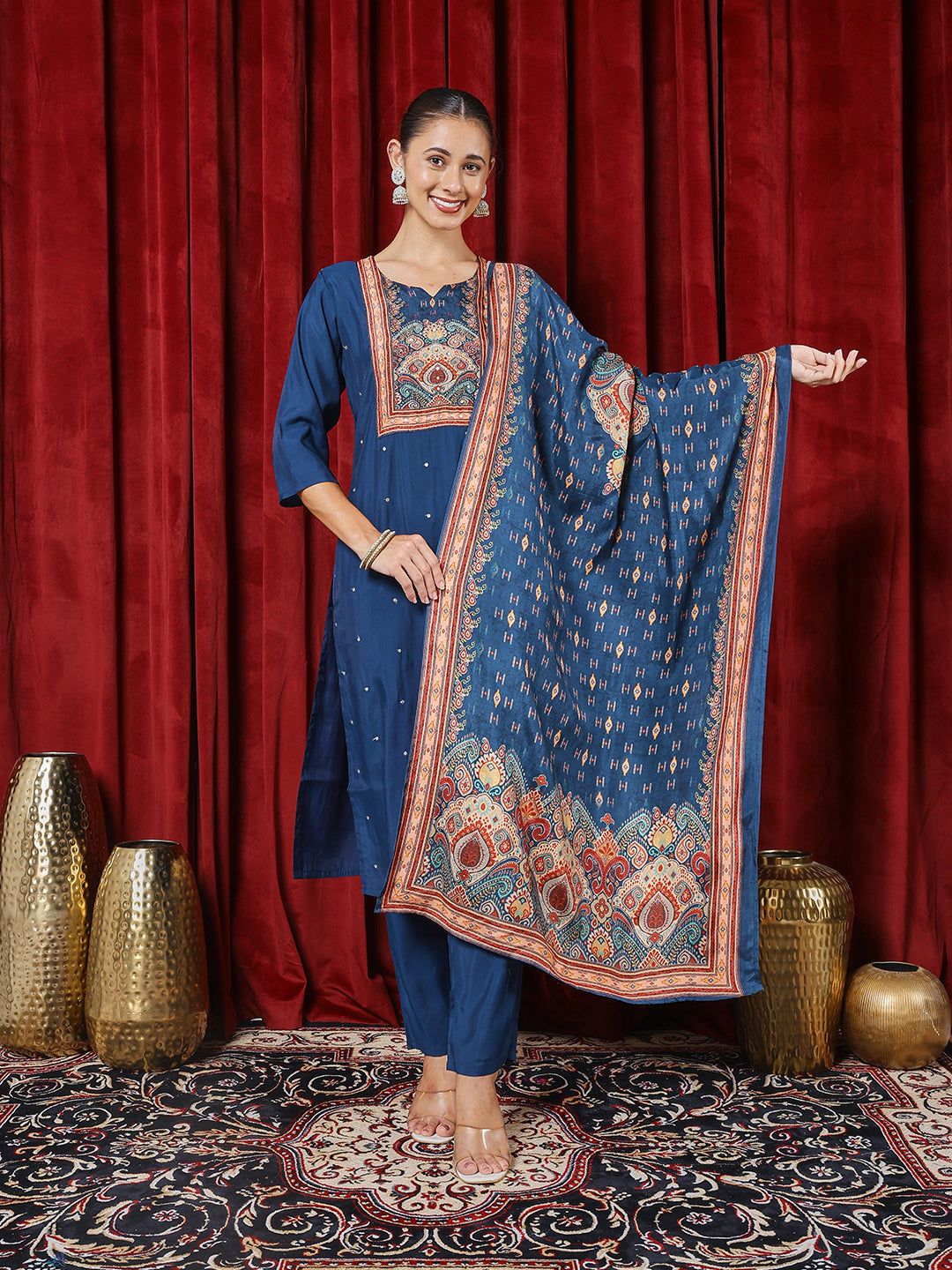 Printed Chanderi Kurta With Pants & Dupatta