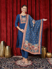 Printed Chanderi Kurta With Pants & Dupatta