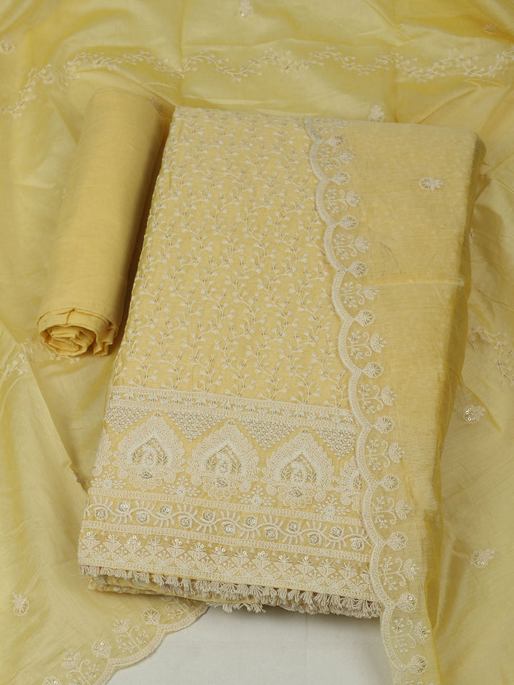 Embroidered Chanderi Unstitched Suit With Pant &amp; Dupatta