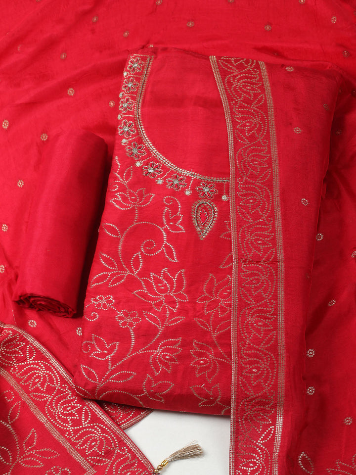 Woven Design Chanderi Unstitched Kurta With Pant &amp; Dupatta