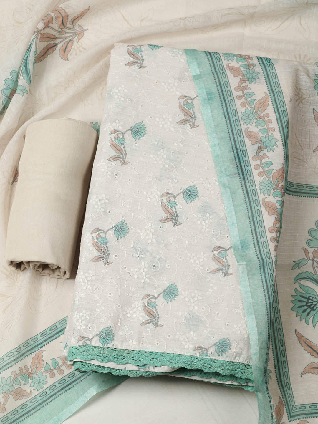 Embroidered Cotton Blend Unstitched Suit With Pant &amp; Dupatta