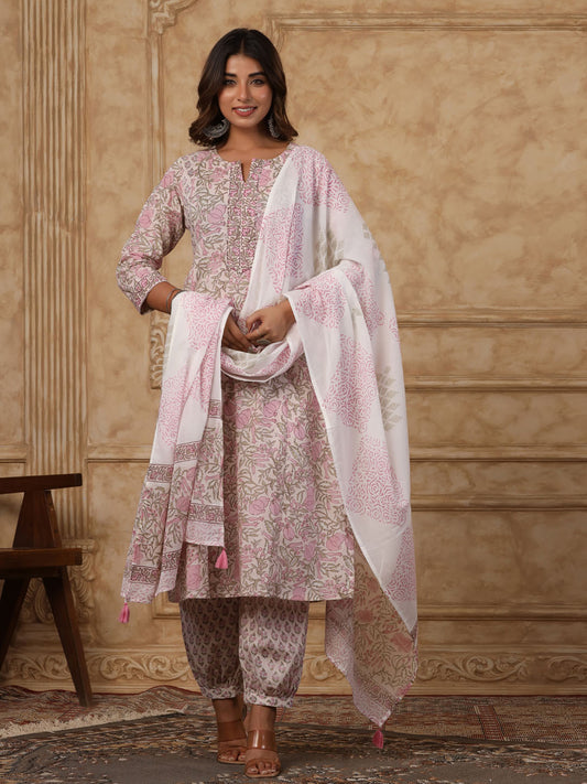 Printed Cotton Kurta With Pants & Dupatta