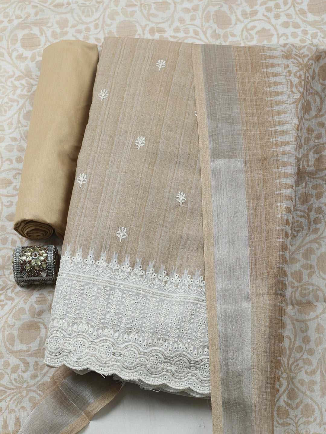 Embroidered Linen Blend Unstitched Suit With Pant &amp; Dupatta