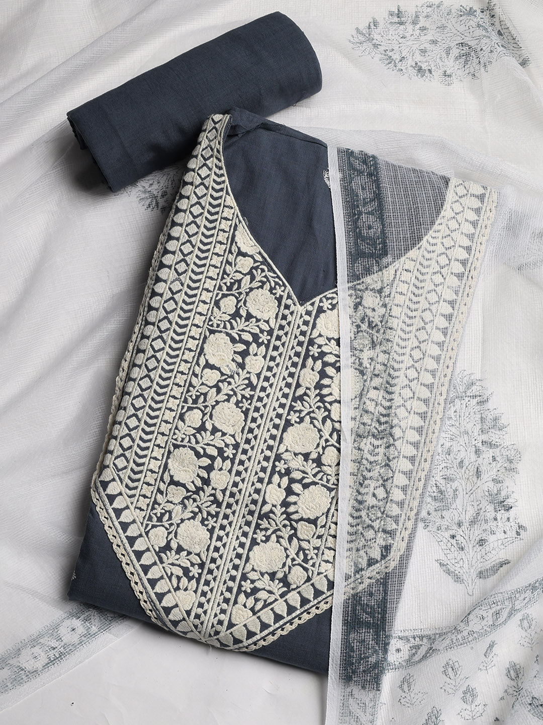 Neck Embroidered Cotton Blend Unstitched Suit With Dupatta