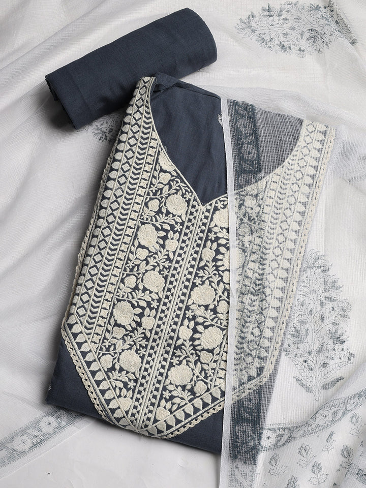 Neck Embroidered Cotton Blend Unstitched Suit With Dupatta