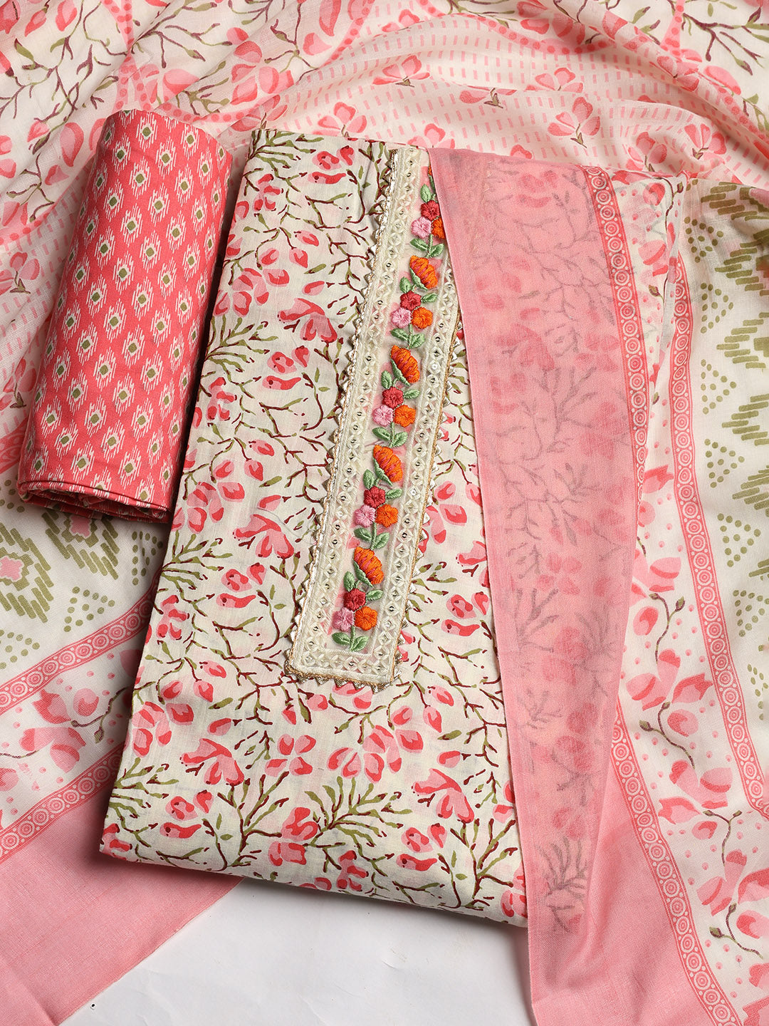 Printed Cotton Blend Unstitched Suit With Dupatta