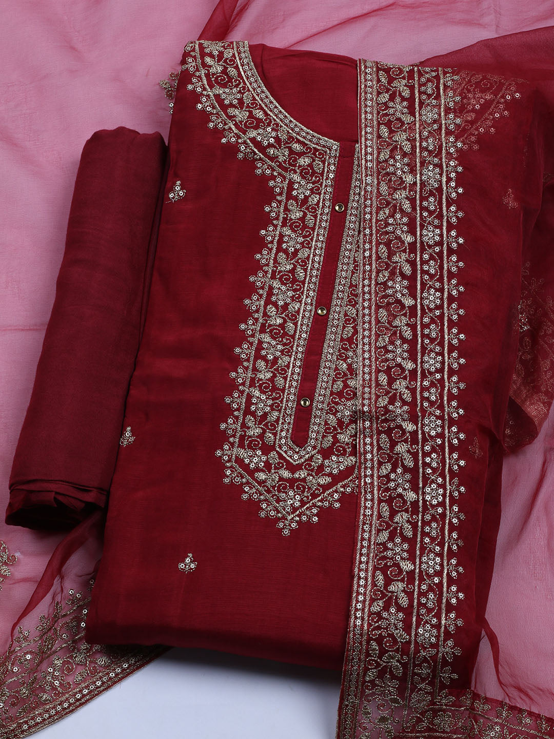 Neck Embroidered Chanderi Unstitched Suit With Dupatta