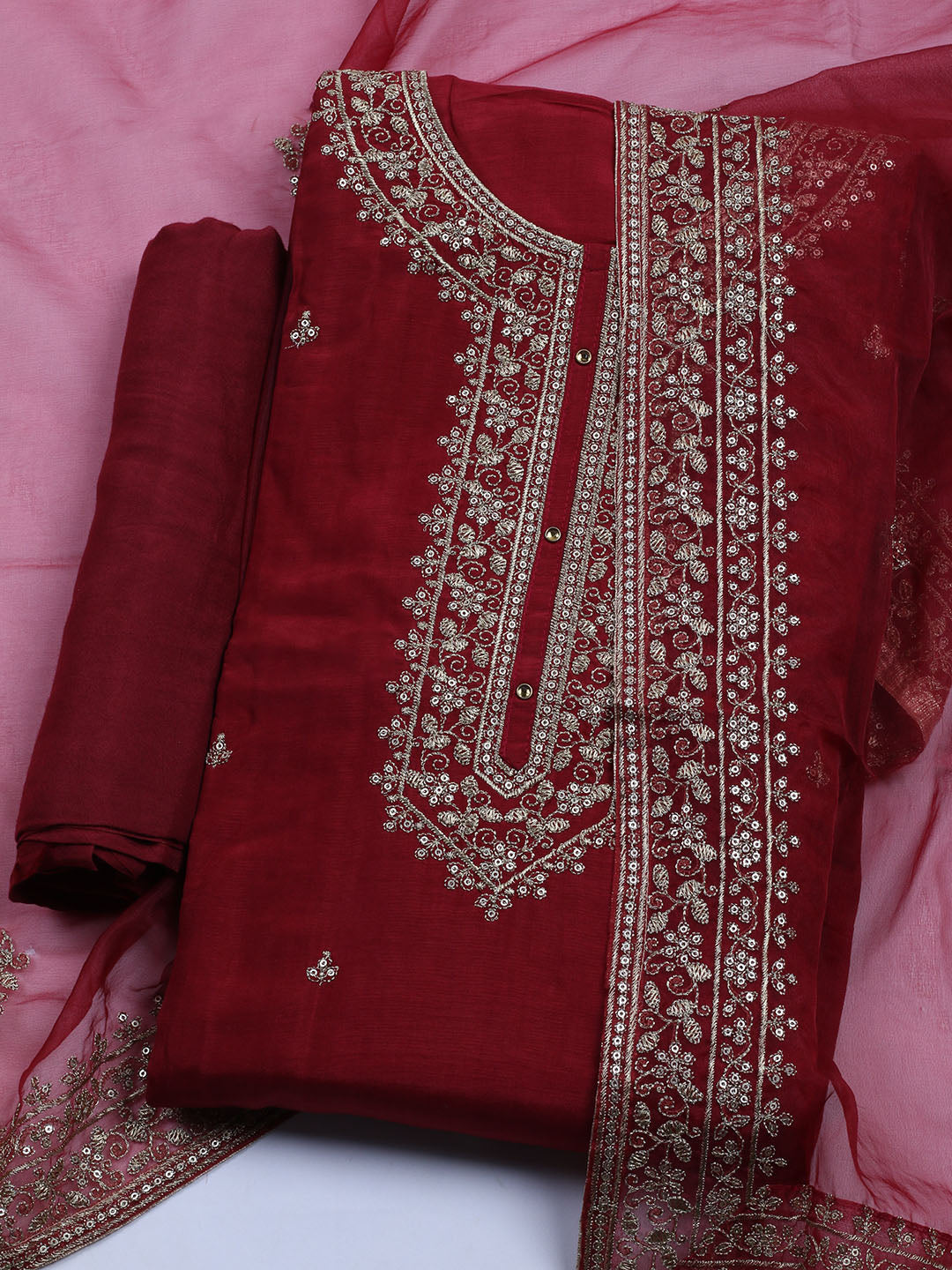 Neck Embroidered Chanderi Unstitched Suit With Dupatta