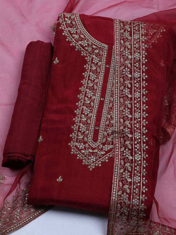 Neck Embroidered Chanderi Unstitched Suit With Dupatta