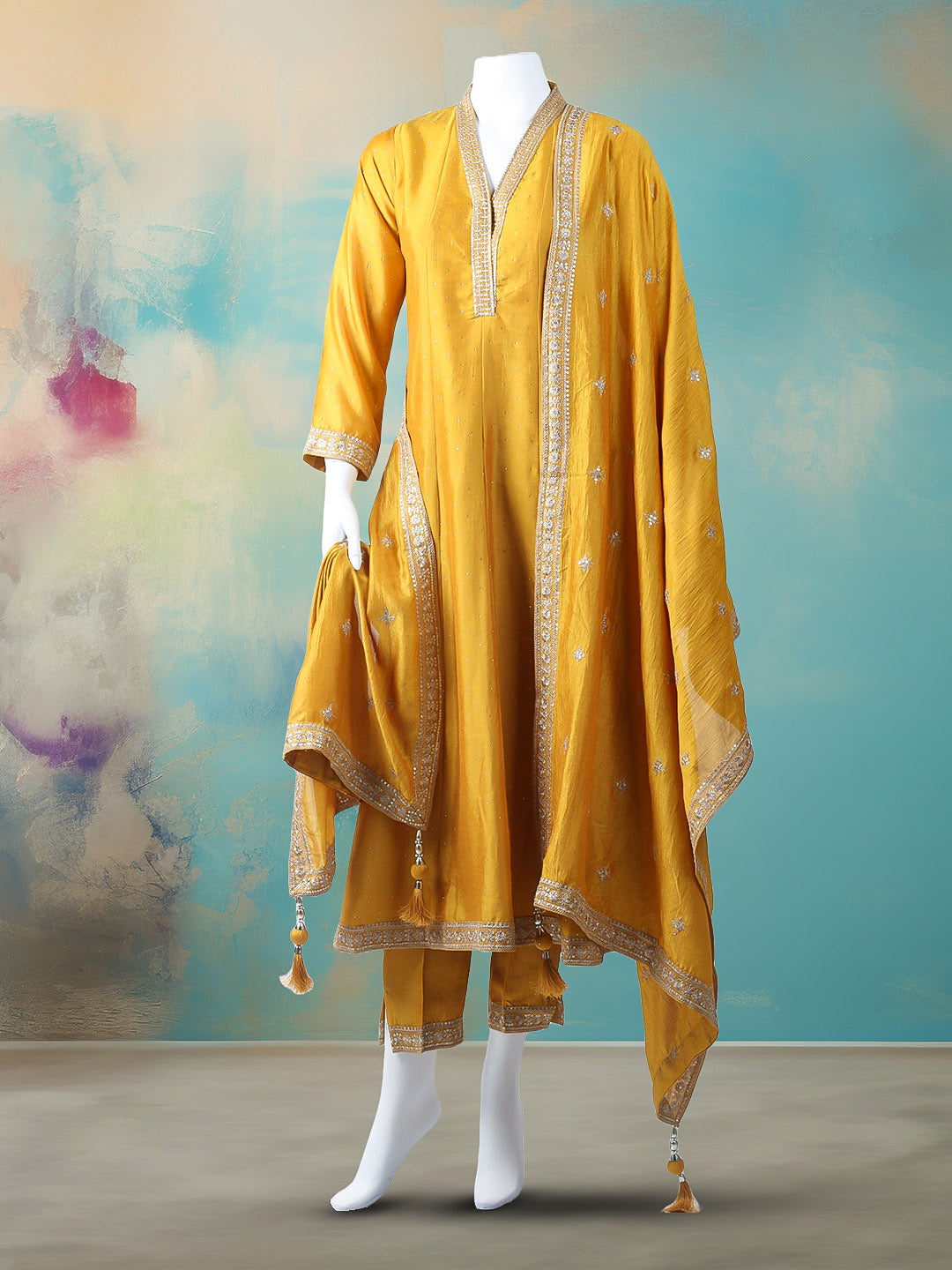 Embelished Art Silk Stitched Kurta With Pant & Dupatta