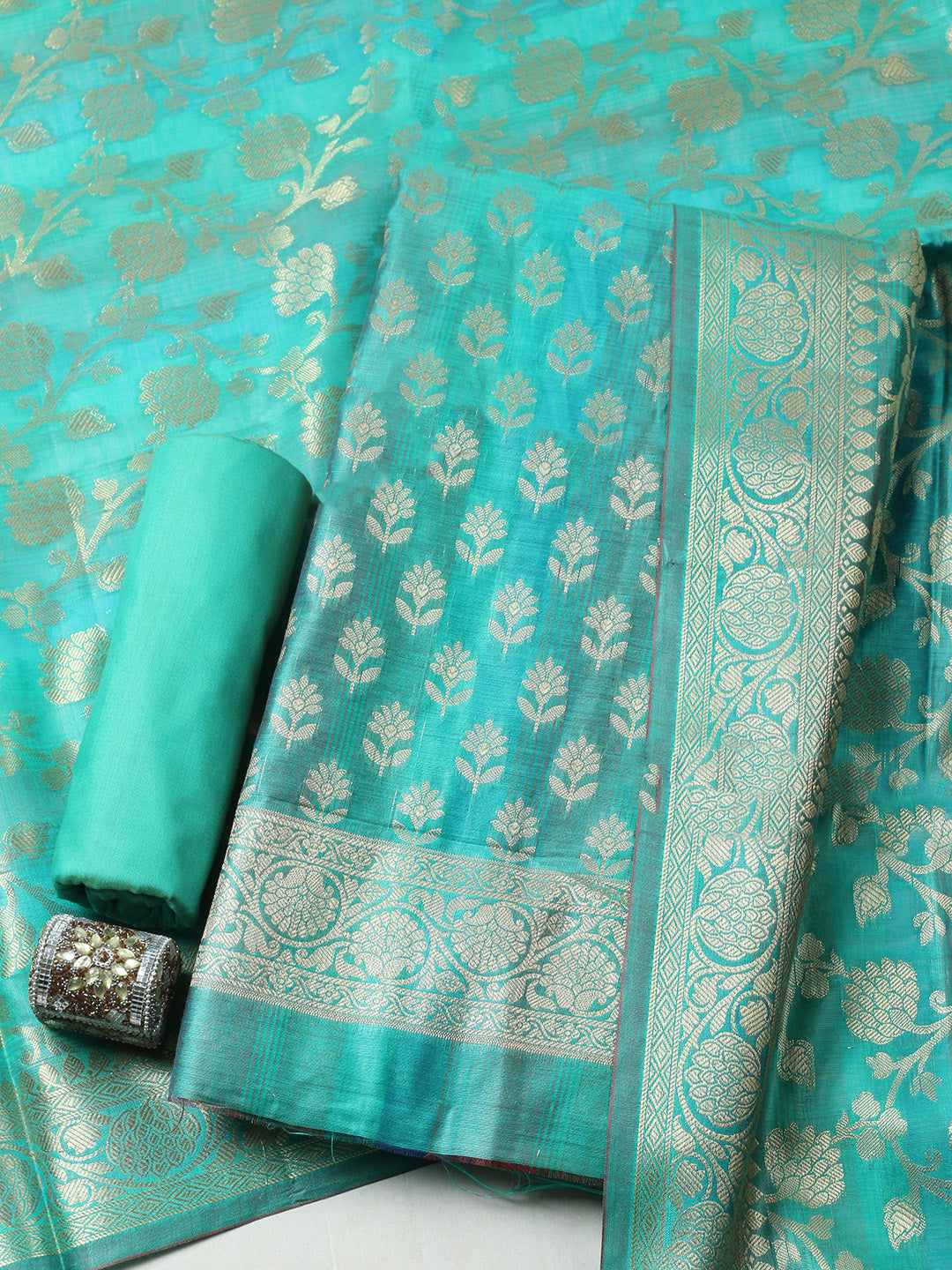 Woven Design Chanderi Unstitched Suit With Pant &amp; Dupatta