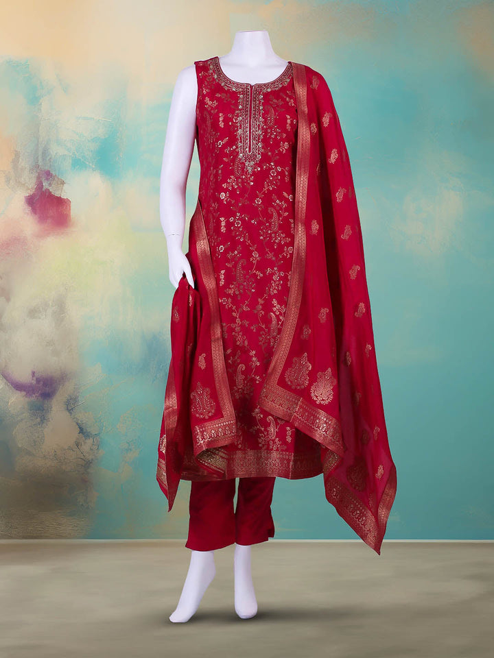 Embroidered Banarasi Suit With Pant &amp; Dupatta