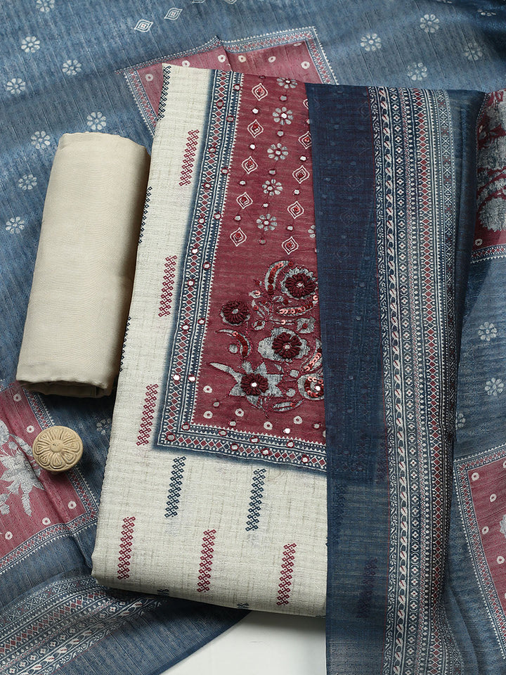 Printed Cotton Blend Unstitched Suit With Pant &amp; Dupatta
