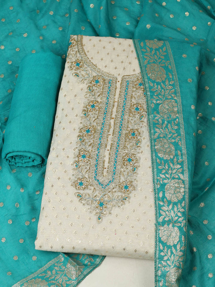 Embroidered Chanderi Unstitched Suit With Pant &amp; Dupatta