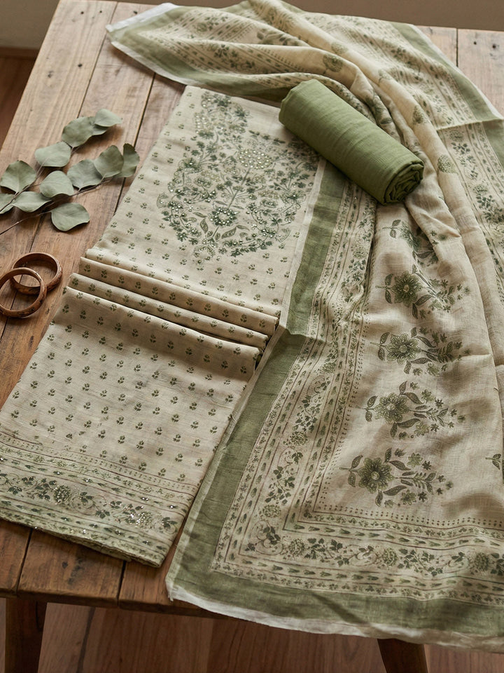 Embroidered Cotton Blend Unstitched Suit With Pant &amp; Dupatta
