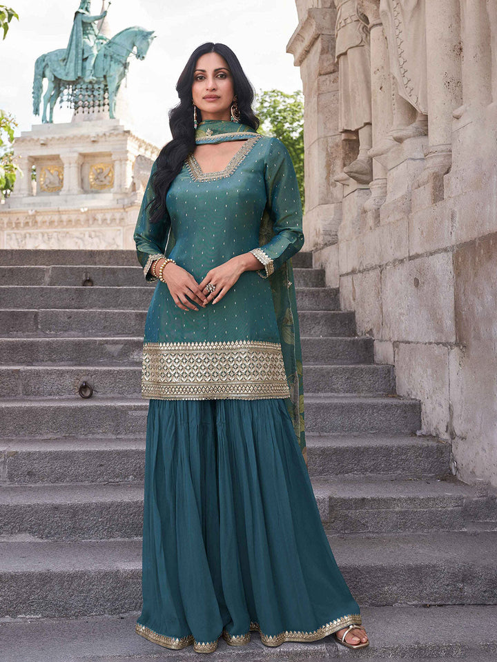 Embroidered Shimmer Kurti With Plazzo &amp; Dupatta