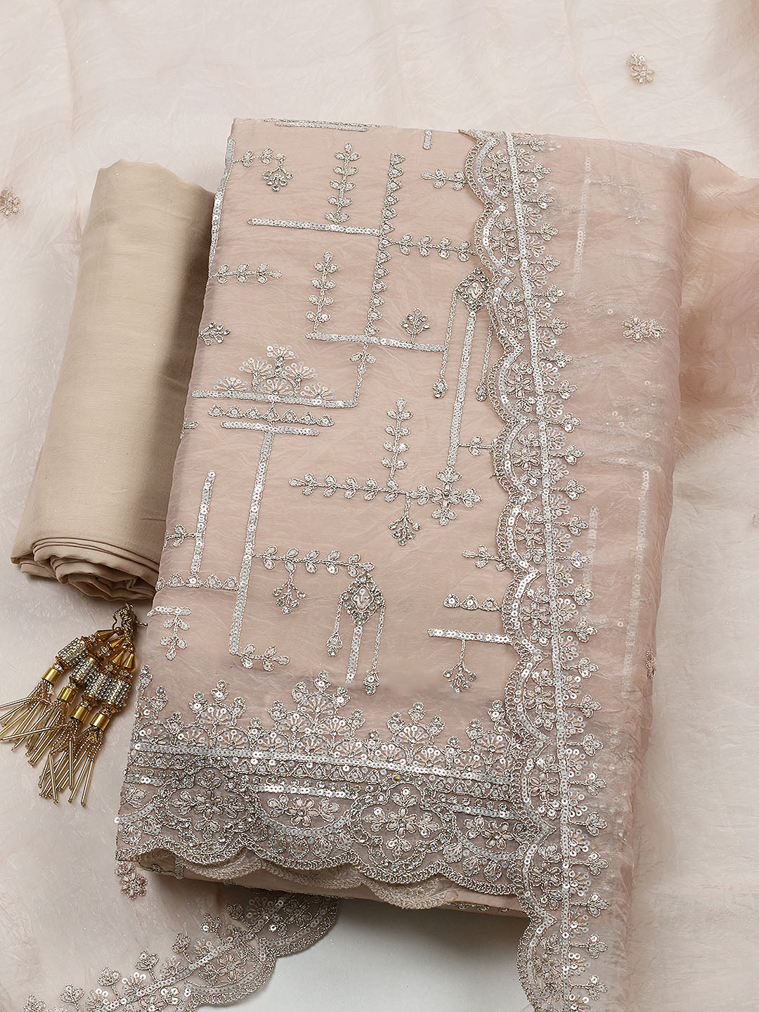 Embroidered Organza Unstitched Suit With Pant &amp; Dupatta