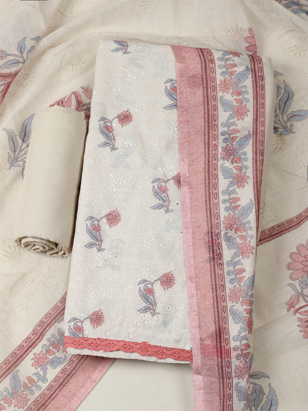 Embroidered Cotton Blend Unstitched Suit With Pant &amp; Dupatta