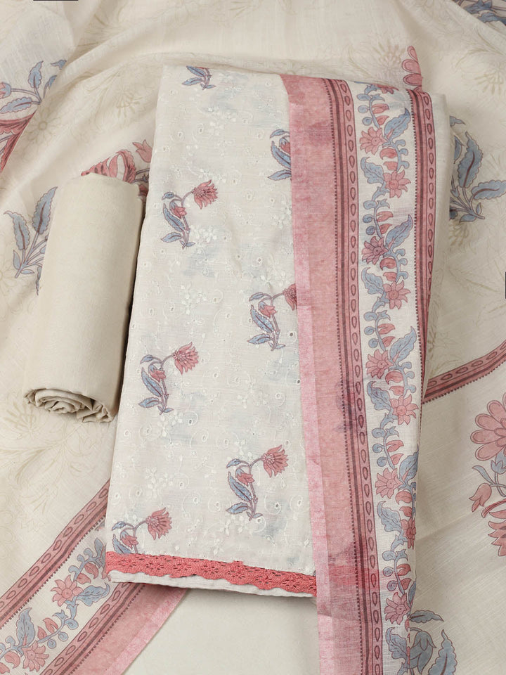 Embroidered Cotton Blend Unstitched Suit With Pant &amp; Dupatta
