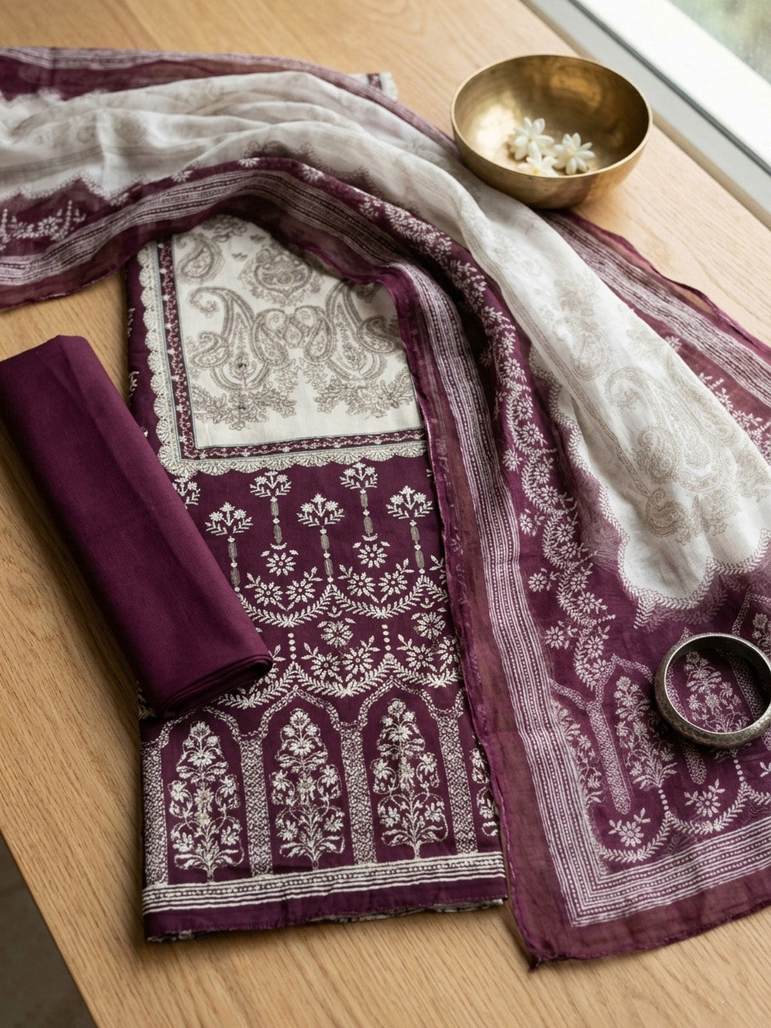Printed Cotton Blend Unstitched Suit With Pant &amp; Dupatta