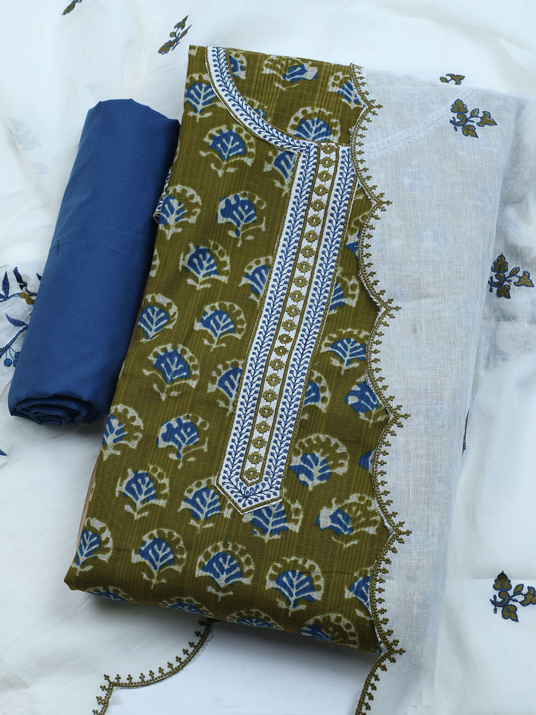Neck Embroidered Cotton Blend Unstitched Suit With Dupatta