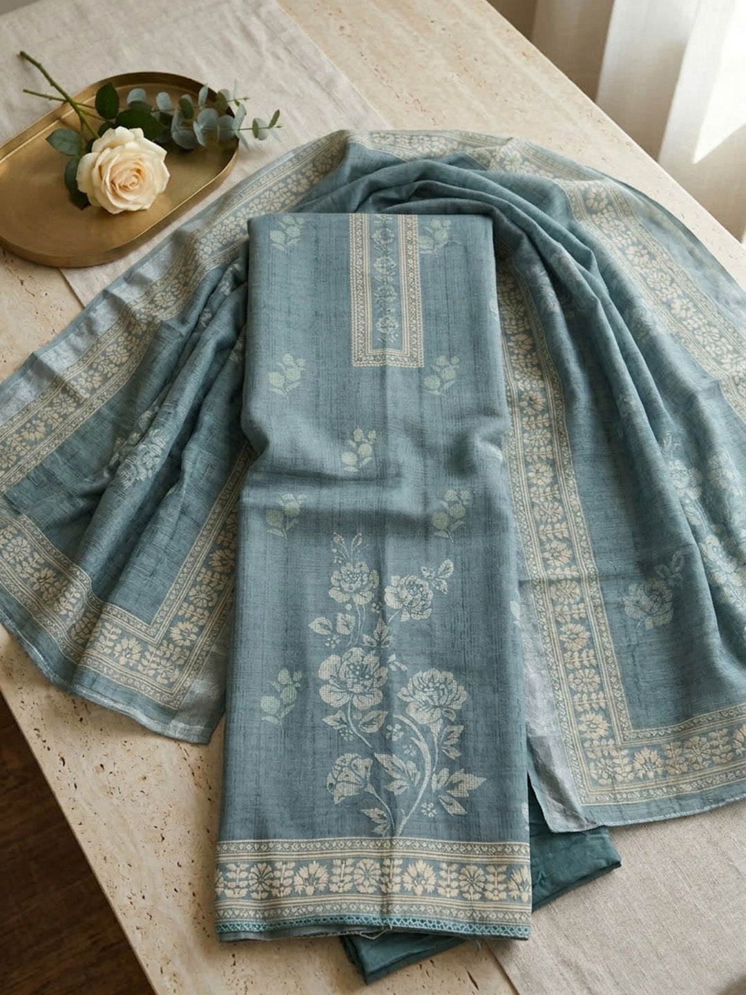 Printed Linen Blend Unstitched Suit With Pant &amp; Dupatta