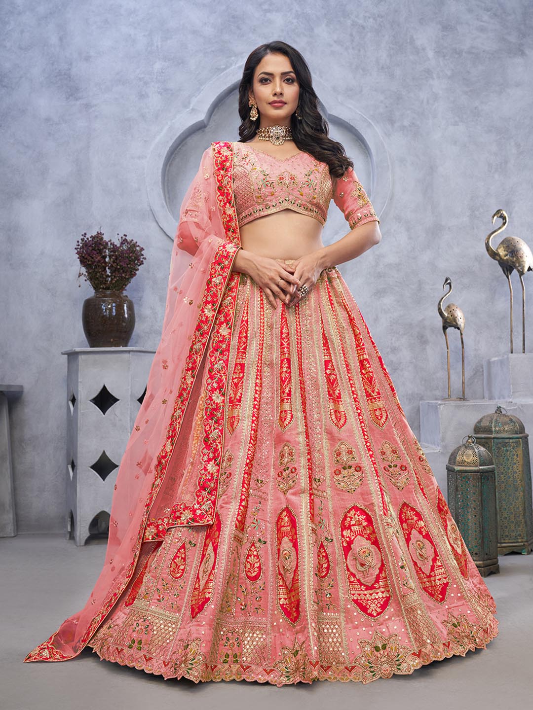 Resham Embroidery Tissue Unstitched Choli With Lehenga &amp; Dupatta