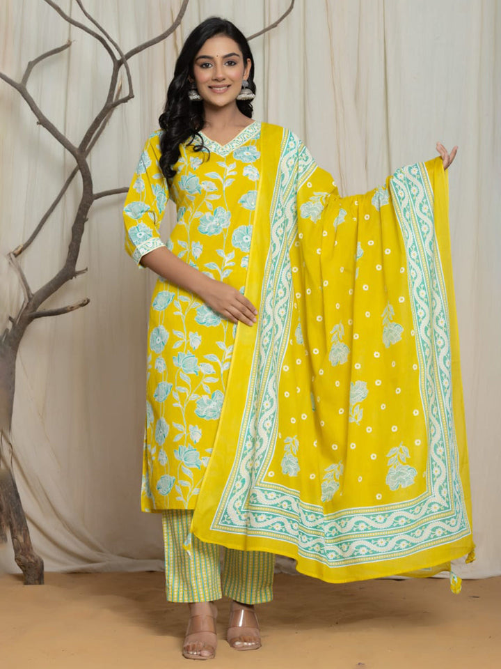 Printed Cotton Blend Kurta With Pants &amp; Dupatta