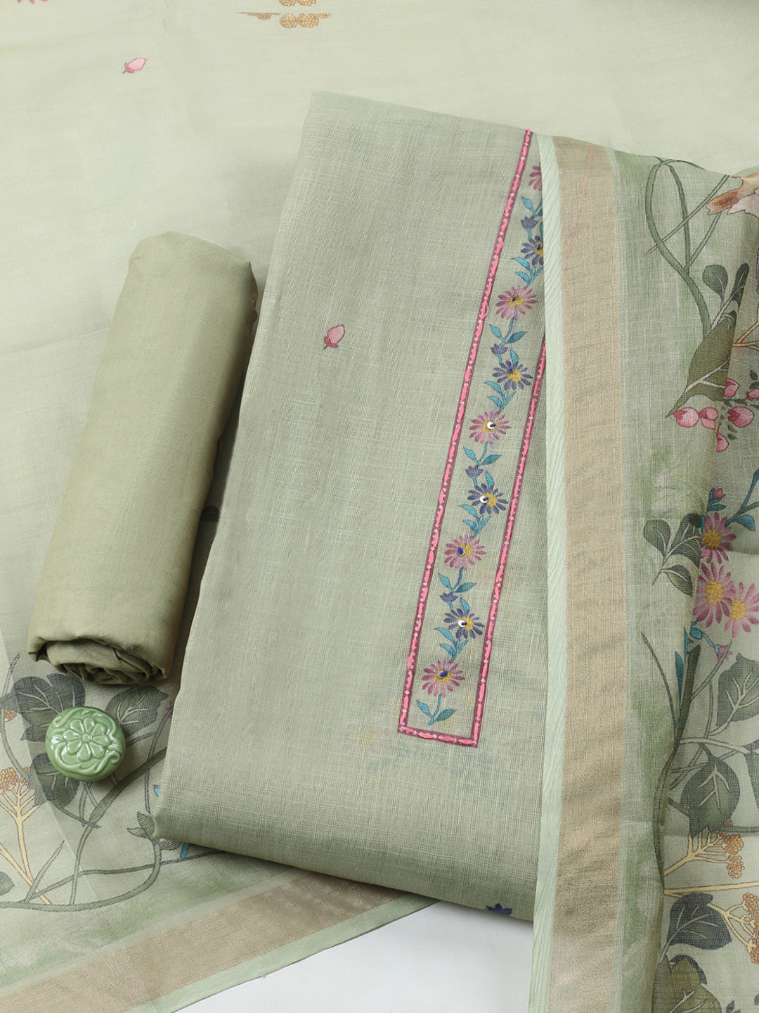 Printed Linen Blend Unstitched Suit With Pant &amp; Dupatta