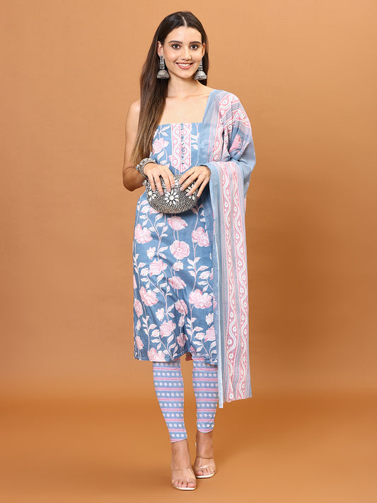 Neck Patti Printed Cotton Unstitched Suit Piece With Dupatta