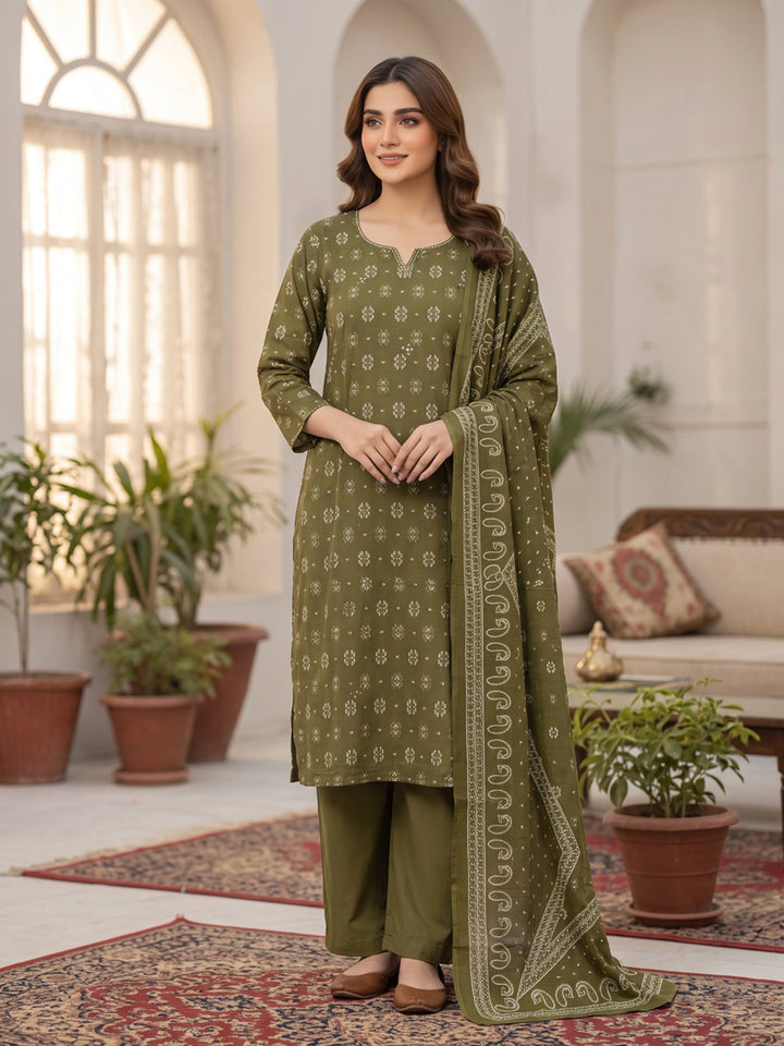 Mehndi Printed Cotton Blend Kurta With Pant &amp; Dupatta