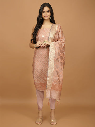 Woven Banarasi Chanderi Unstitched Suit With Dupatta