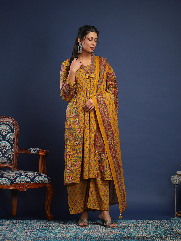 Mustard Cotton Blend Printed Straight Suit Set