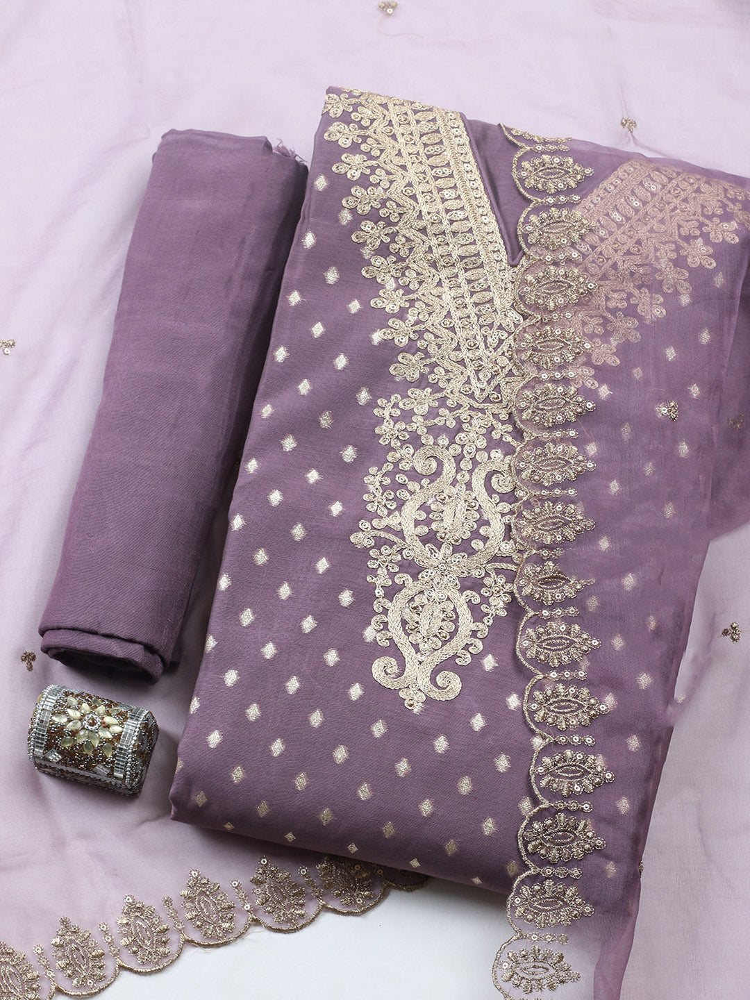 Embroidered Chanderi Unstitched Suit With Pant &amp; Dupatta