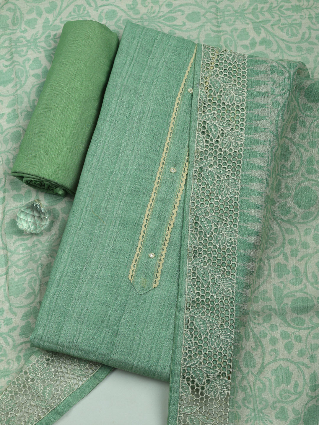 Embroidered Linen Blend Unstitched Suit With Pant &amp; Dupatta