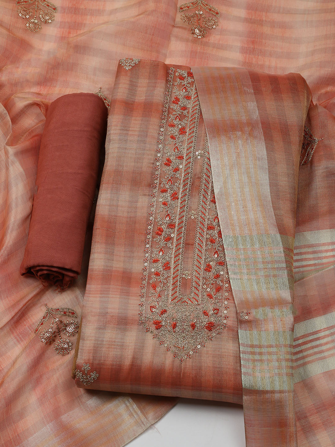 Embroidered Tissue Unstitched Kurta With Pant & Dupatta