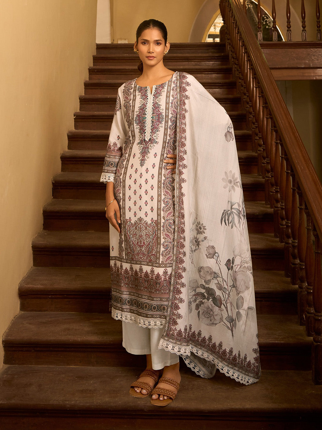 Neck Embroidery Muslin Kurta With Pants &amp; Dupatta