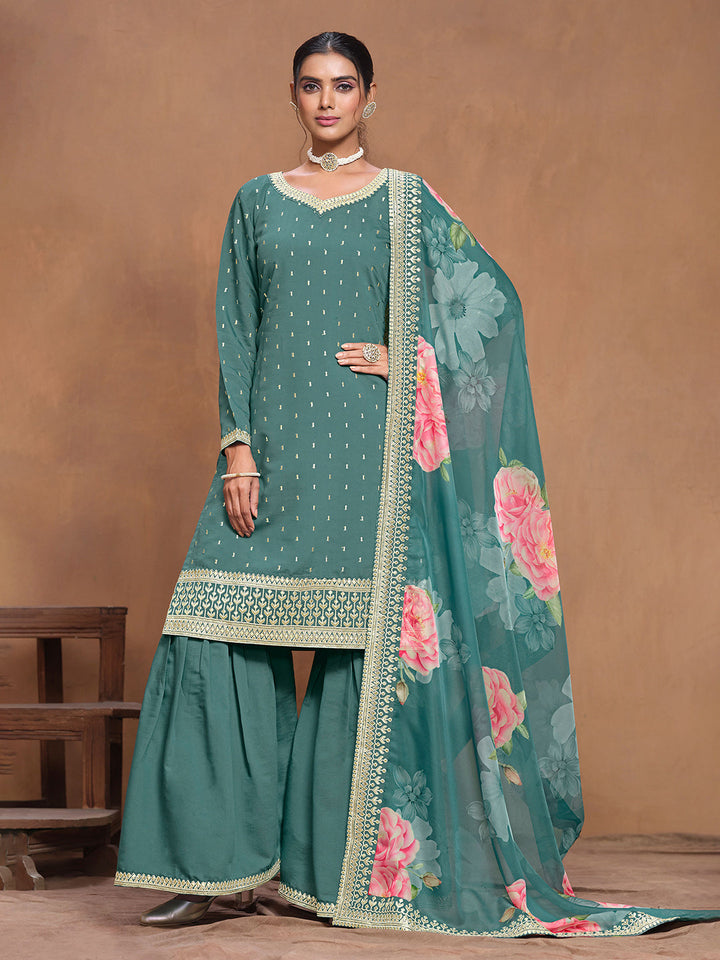 Embroidered Roman Silk Semi Stitched Kurta With Plazzo &amp; Dupatta