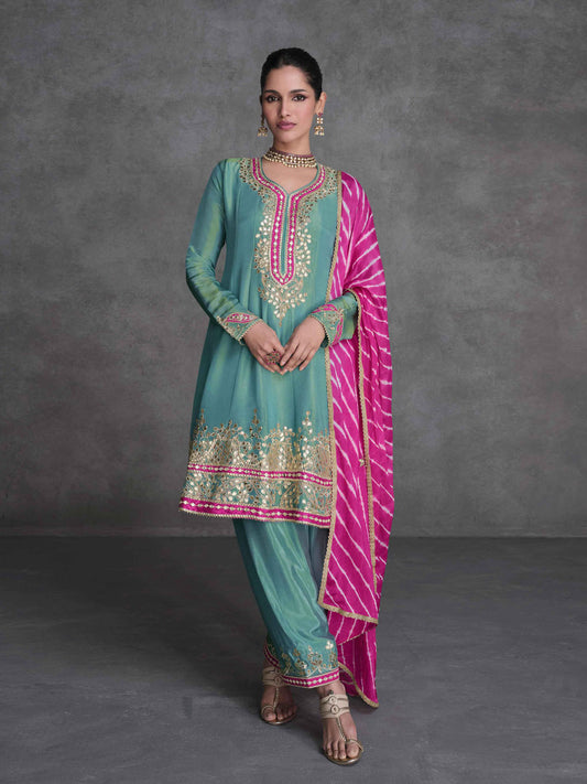 Embroidered Sequin Organza Silk Kurta With Palazzo And Dupatta