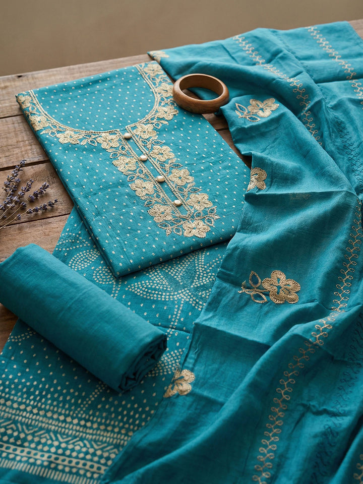 Embroidered Cotton Blend Unstitched Suit With Pant &amp; Dupatta