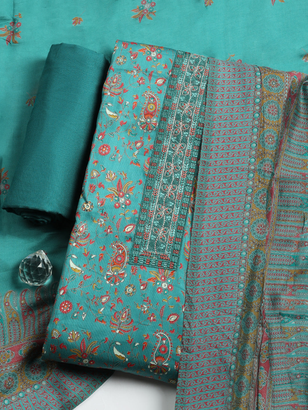 Printed Cotton Blend Unstitched Suit With Pant &amp; Dupatta