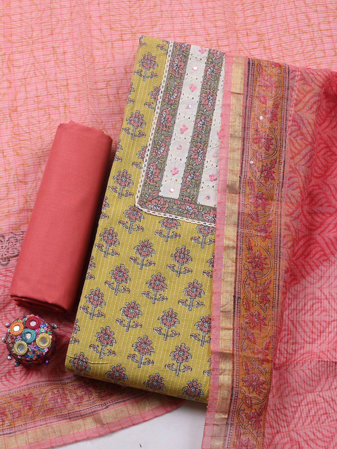 Printed Cotton Blend Unstitched Suit With Pant &amp; Dupatta