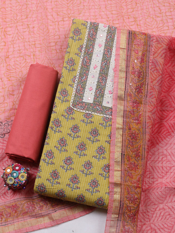Printed Cotton Blend Unstitched Suit With Pant &amp; Dupatta