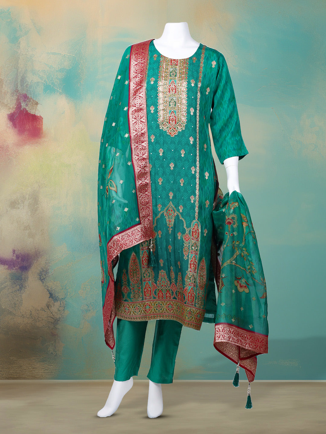 Bandhani Printed Organza Kurta With Pants &amp; Dupatta