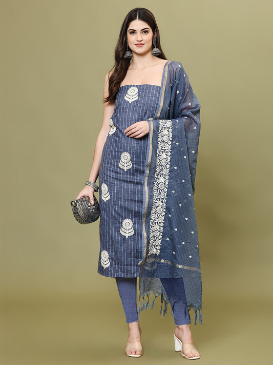 Embroidered Cotton Blend Unstitched Suit Piece With Dupatta