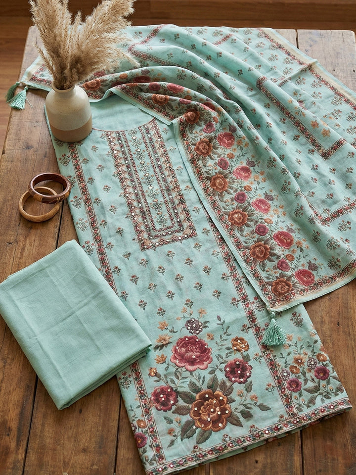 Embroidered Cotton Blend Unstitched Suit With Pant &amp; Dupatta
