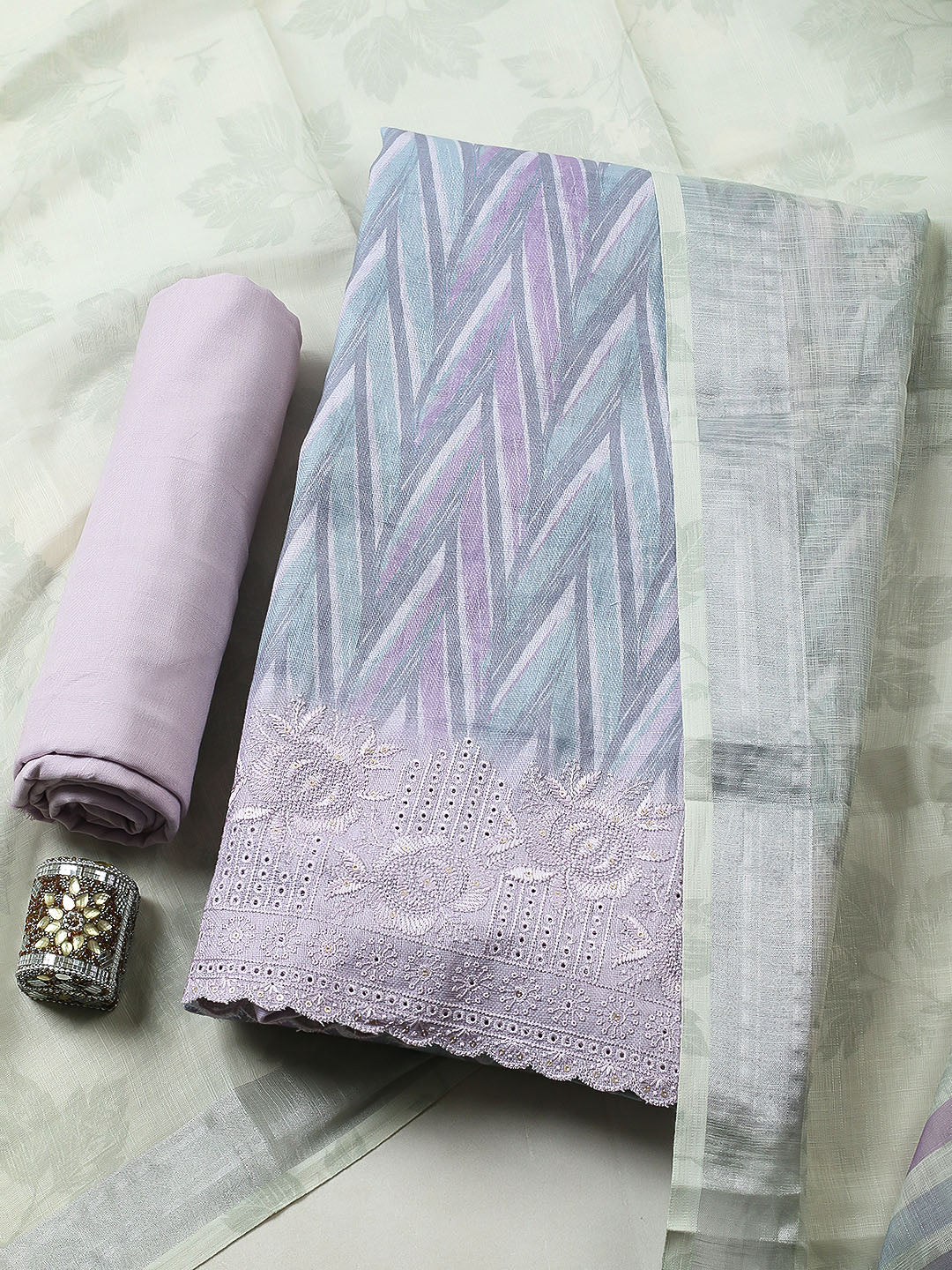 Embroidered Linen Blend Unstitched Suit With Pant &amp; Dupatta